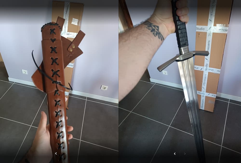 "Fidelis" sword, medieval two-handed striking sword, laced leather scabbard #Terressens with personalized engraving | Customer photo : Jonathan Chérel. All rights reserved.