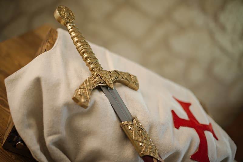 Templar sword, red braided scabbard