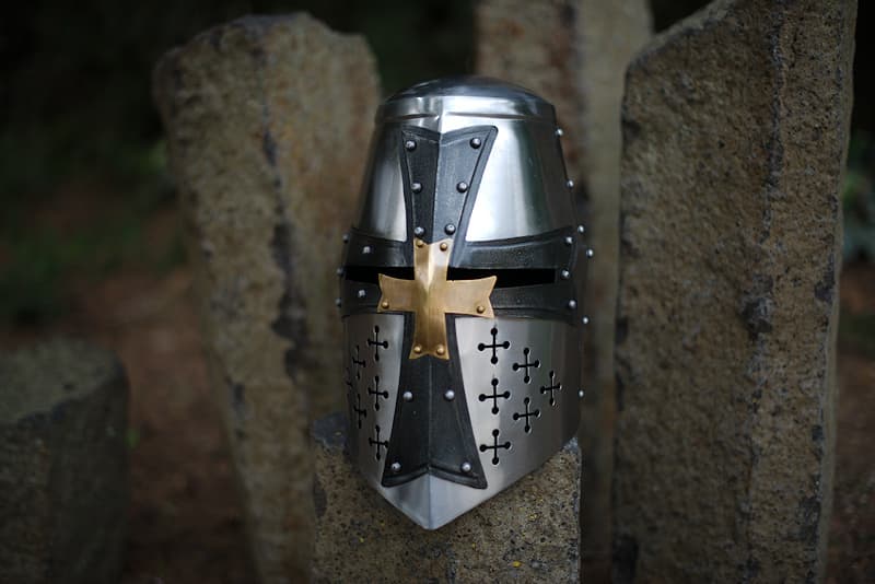 Templar helmet in steel, black cross and brass