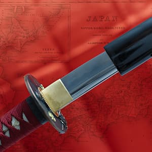 Katana "Musha shugyō" (武者修行), Shihozume forge, selective tempering, ito and dark red sageo