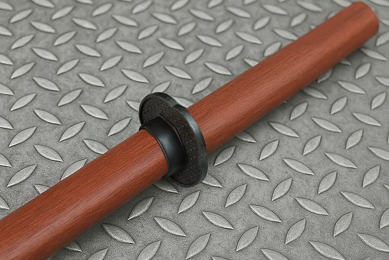 Bokken (木剣 wooden training katana, bokutō (木刀) in Japan), with tsuba held by an elastic ring