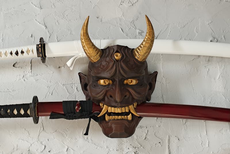 Wall-mounted display stand for two Japanese swords (two katanas or one katana and one wakizashi), 3D printed and hand-painted | In Japanese culture, Oni (鬼, demon, ogre, fearsome spirit, supernatural entity) are fearsome spirits born of human excesses, anger, pride, violence, but also ambiguous guardians of world order....