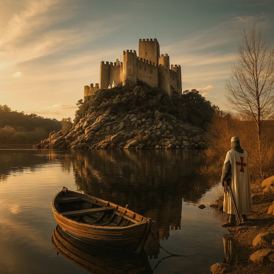 Almourol, the Templars' fortress on the Tagus River. The illustrations in this section are created using artificial intelligence, under the direction of our editorial team. This technology allows us to bring historical or legendary scenes to life, in keeping with our passion for authenticity and imagination. #Terressens, where stories take shape.