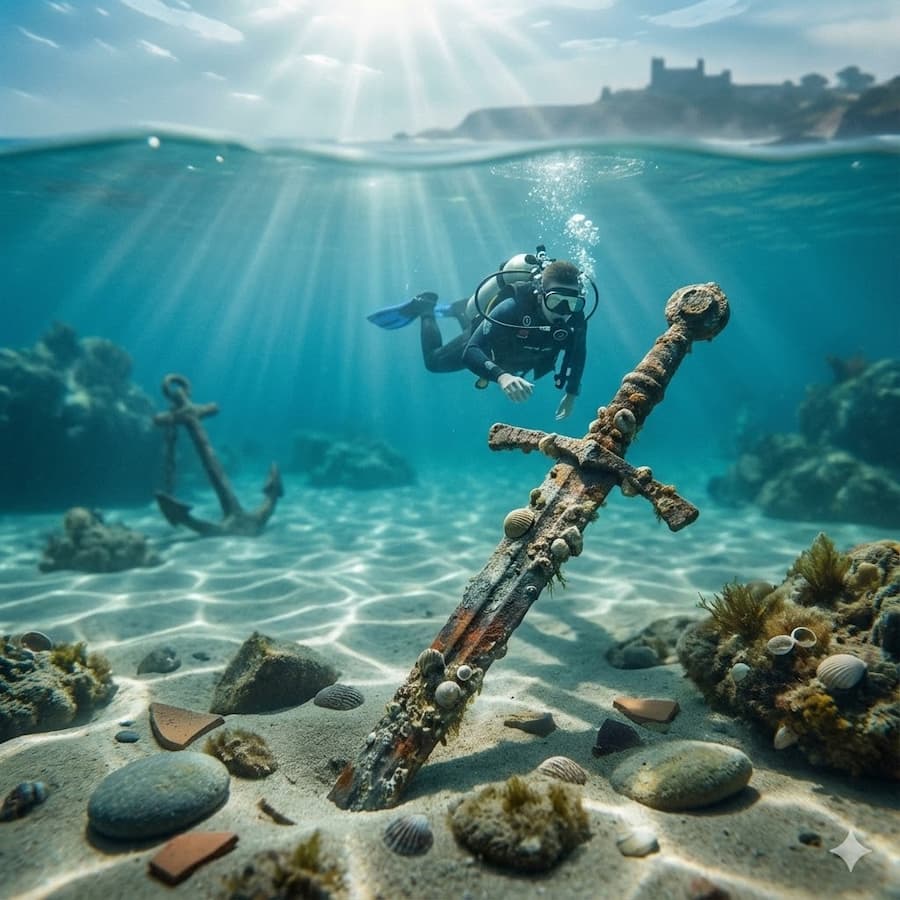 The Templar sword emerging from the waves of Carmel. The illustrations in this section are created using artificial intelligence, under the direction of our editorial team. This technology allows us to bring historical or legendary scenes to life, in keeping with our passion for authenticity and imagination. #Terressens, where stories take shape.