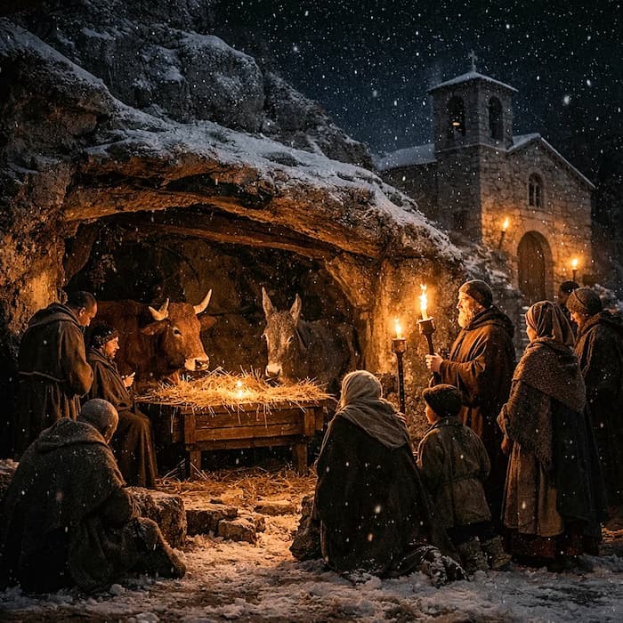 Greccio 1223, the night of the first nativity scene. The illustrations in this section are created using artificial intelligence, under the direction of our editorial team. This technology allows us to bring historical or legendary scenes to life, in keeping with our passion for authenticity and imagination. #Terressens, where stories take shape.