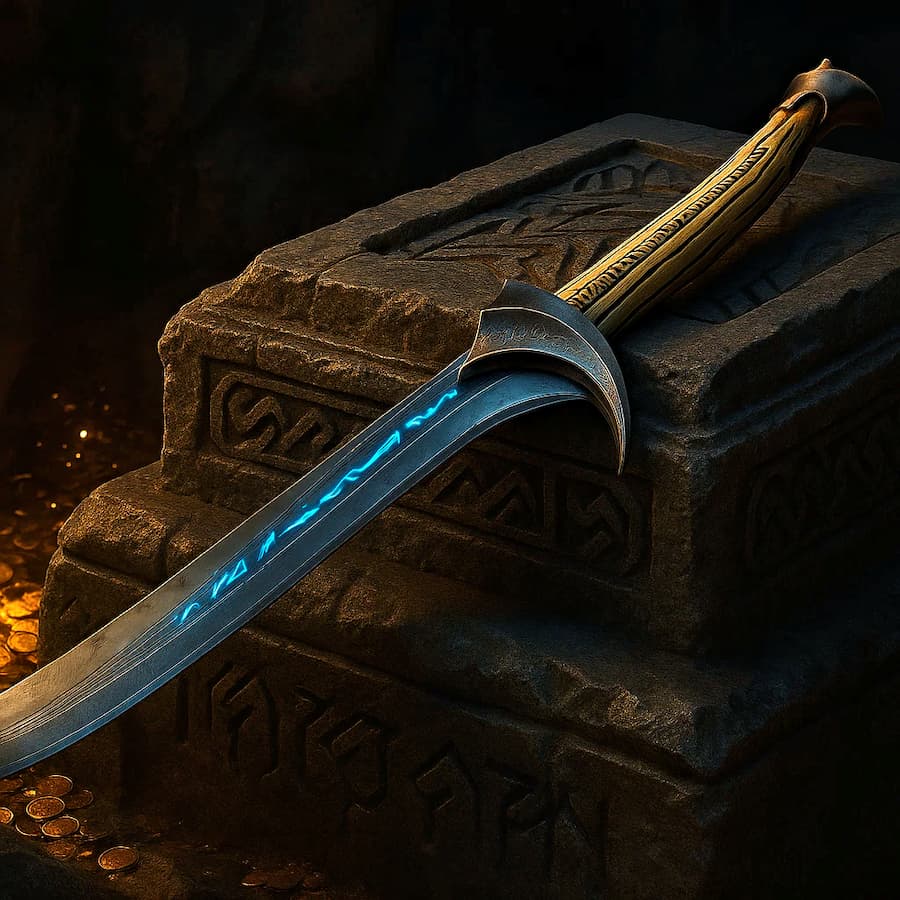 Orcrist, guardian of Thorin's tomb. The illustrations in this section are created using artificial intelligence, under the direction of our editorial team. This technology enables us to bring historical or legendary scenes to life, while respecting our passion for authenticity and imagination. #Terressens, where stories take shape