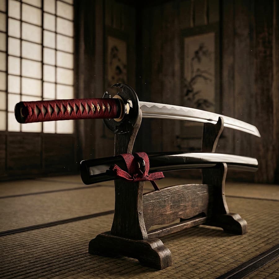 The red of the katana, a color of protection and power. The illustrations in this section are created using artificial intelligence, under the direction of our editorial team. This technology allows us to bring historical or legendary scenes to life, in keeping with our passion for authenticity and imagination. #Terressens, where stories take shape