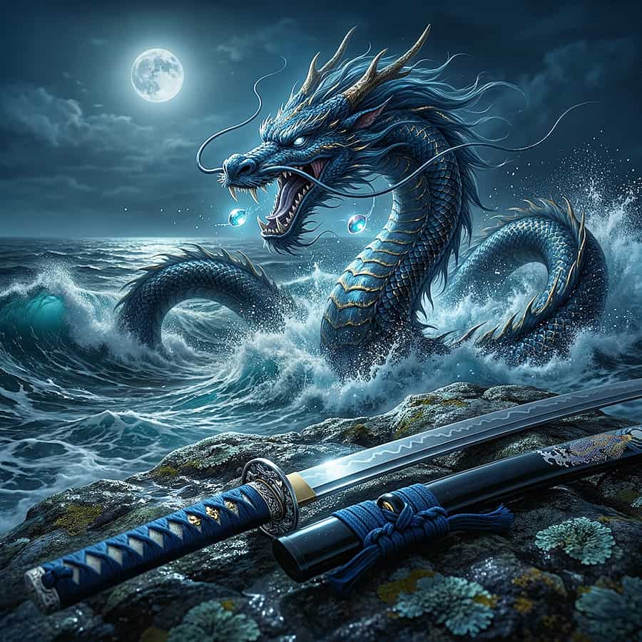 Ryūjin, the tide dragon on the *saya*. The illustrations in this section are created using artificial intelligence, under the direction of our editorial team. This technology allows us to bring historical or legendary scenes to life, in keeping with our passion for authenticity and imagination. #Terressens, where stories take shape