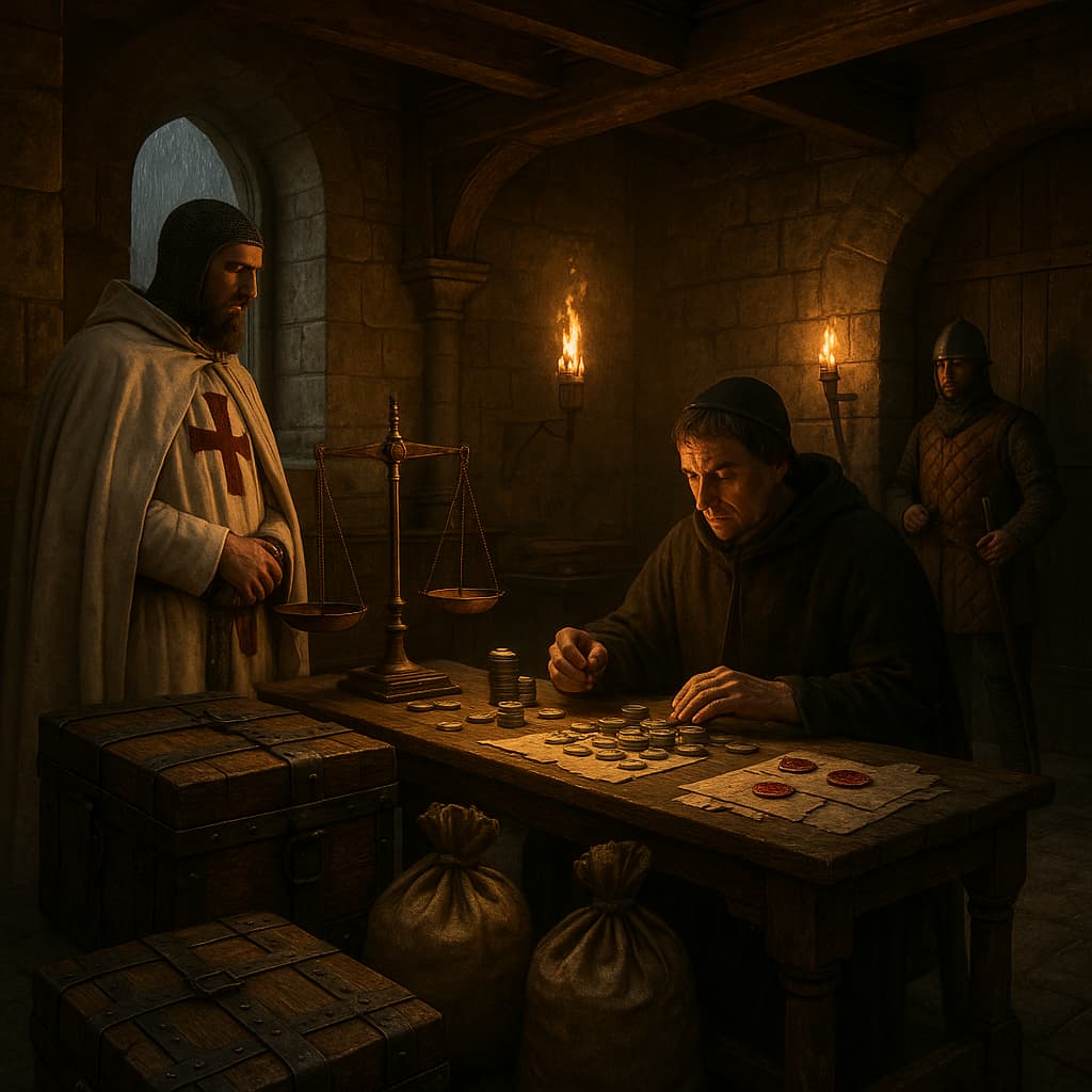 Templars, treasurers of the king... not bankers of the West. The illustrations in this section are created using artificial intelligence, under the direction of our editorial team. This technology enables us to bring historical or legendary scenes to life, while respecting our passion for authenticity and the imaginary. #Terressens, where stories take shape