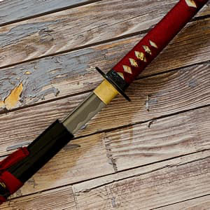 Katana sharpened Damascus forge "Ketsueki" (血液, blood), red braiding