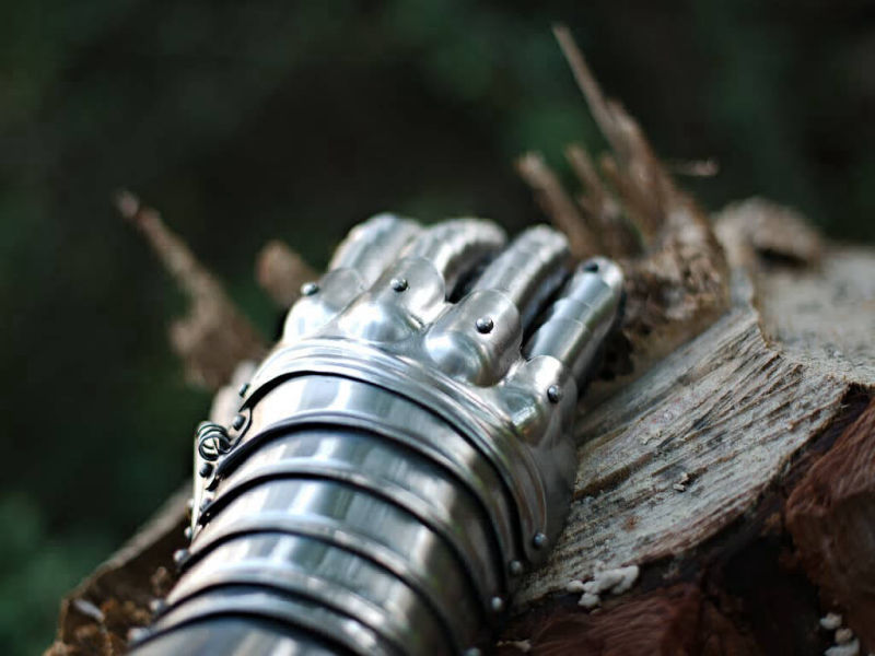 Medieval articulated gauntlet on a tree trunk in a forest