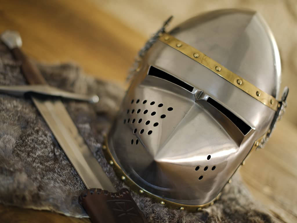 Pigface helmet with chain mail and medieval battle sword