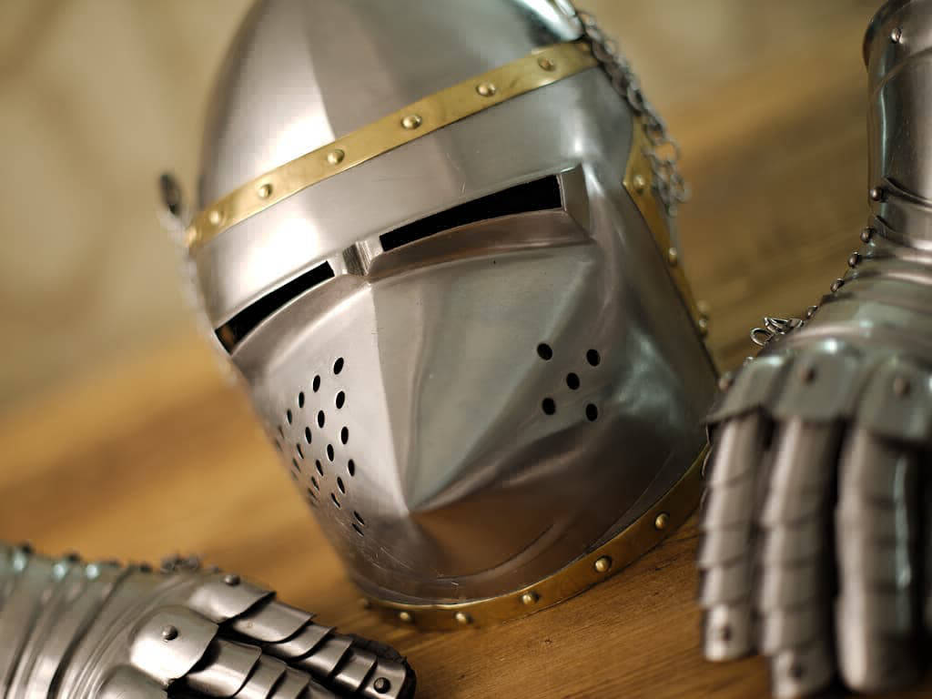 Pigface helmet and medieval gauntlets
