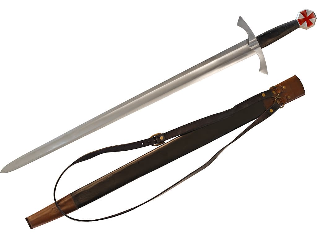 Medieval Crusader knight's sword with its brown leather scabbard laced with black "Crusade" forged sword ☩ #Terressens