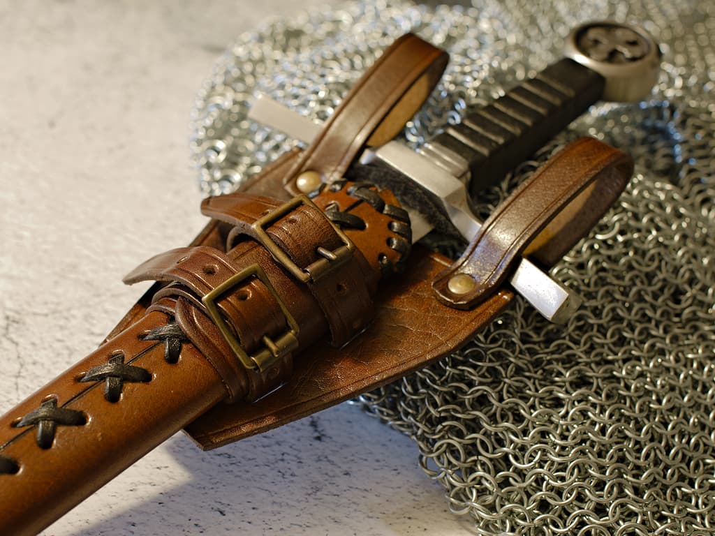 Épée médiévale forgée « Vicit semper » (toujours vainqueur) ⚔ #Terressens Porte-épée / dague médiévale en cuir brun #Terressens