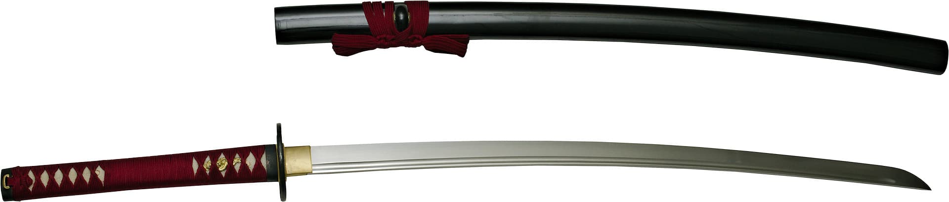 Katana aiguisé Ake (朱, rouge sang), ito et sageo rouge sombre #Terressens