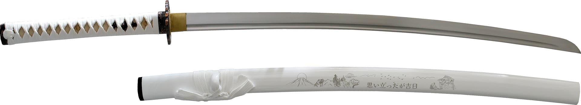 Katana aiguisé « Ketsui » (決意 résolution, décision), saya blanc décoré d'un motif japonais, tressages blancs 復活 #Terressens