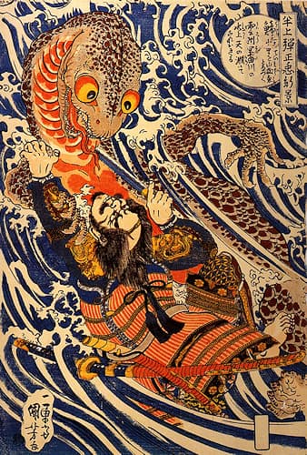 Estampe japonaise d'Utagawa Kuniyoshi représentant le samouraï Hanagami Danjo no jo Arakage combattant kappa, une salamandre géante ? #Terressens