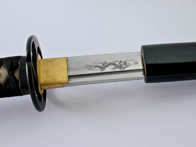 Laser engraving on a katana blade: Chinese celestial dragon (Tian Long) #Terressens