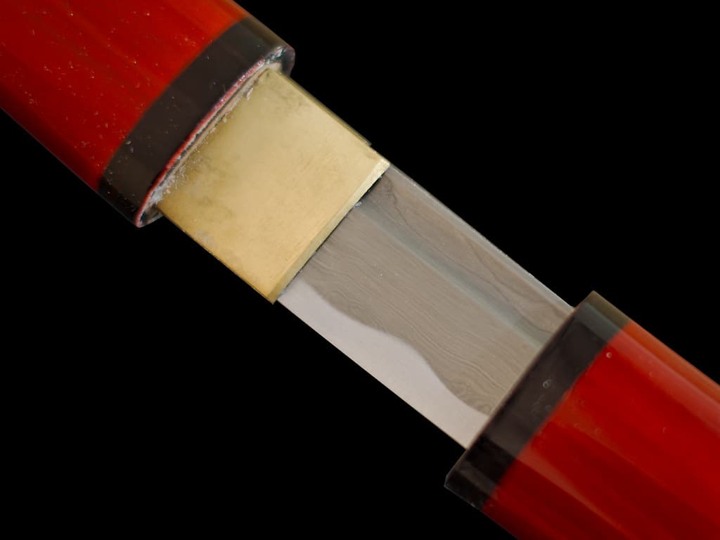 Kaji, shirasaya fire (火事), damascus forge: detail of damascus forged blade Kaji, shirasaya fire (火事), damascus forge: detail of damascus forged blade