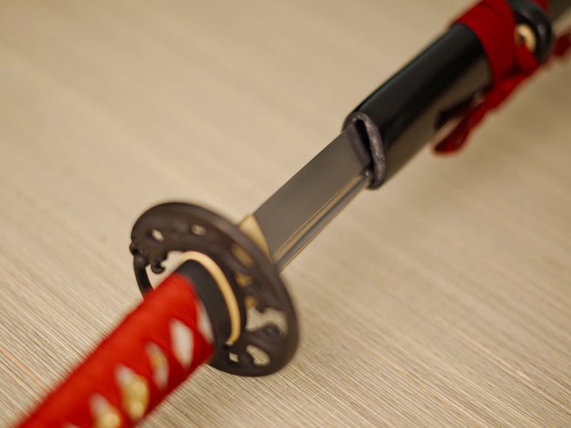 Ake sharpened katana (朱, blood red), ito and dark red sageo #Terressens