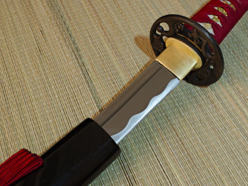 Ake sharpened wakizashi (朱, blood red), ito and dark red sageo #Terressens