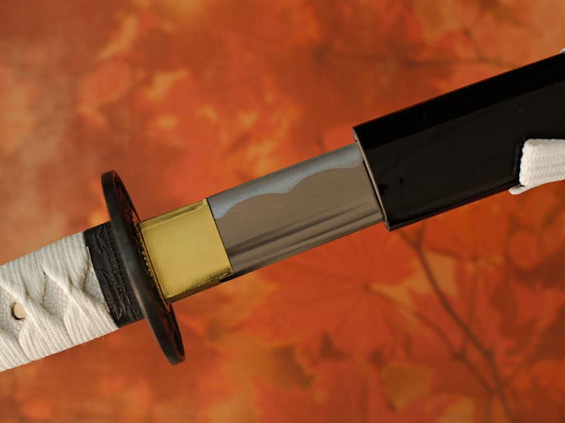 Mù-jīn, sharpened wakizashi wood (mù, 木) metal (jīn, 金): detail of the blade emerging from its scabbard (saya), resting on natural bamboo Ikigaï, sharpened katana (生き甲斐 raison d'être, meaning of life) #Terressens