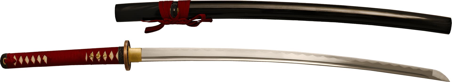 Sharpened Katana "Fugen jikkō" (不言実行 "speak little, but act"), engraved blade, red mount #Terressens
