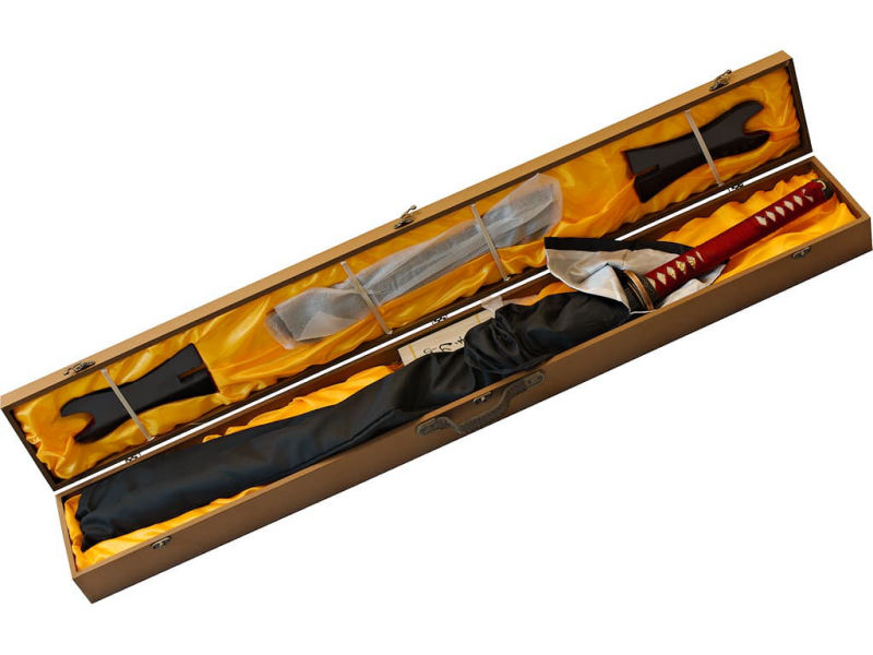 Sharpened Katana "Fugen jikkō" (不言実行 "speak little, but act"), engraved blade, red mount #Terressens