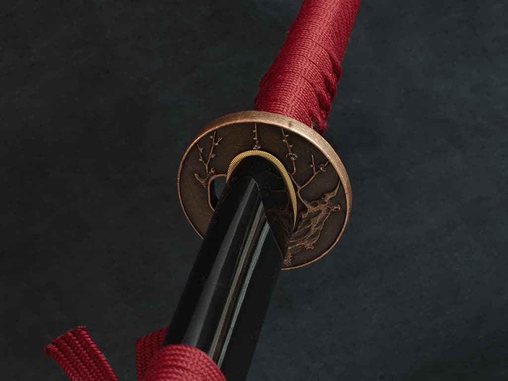 Sharpened Katana "Fugen jikkō" (不言実行 "speak little, but act"), engraved blade, red mount #Terressens