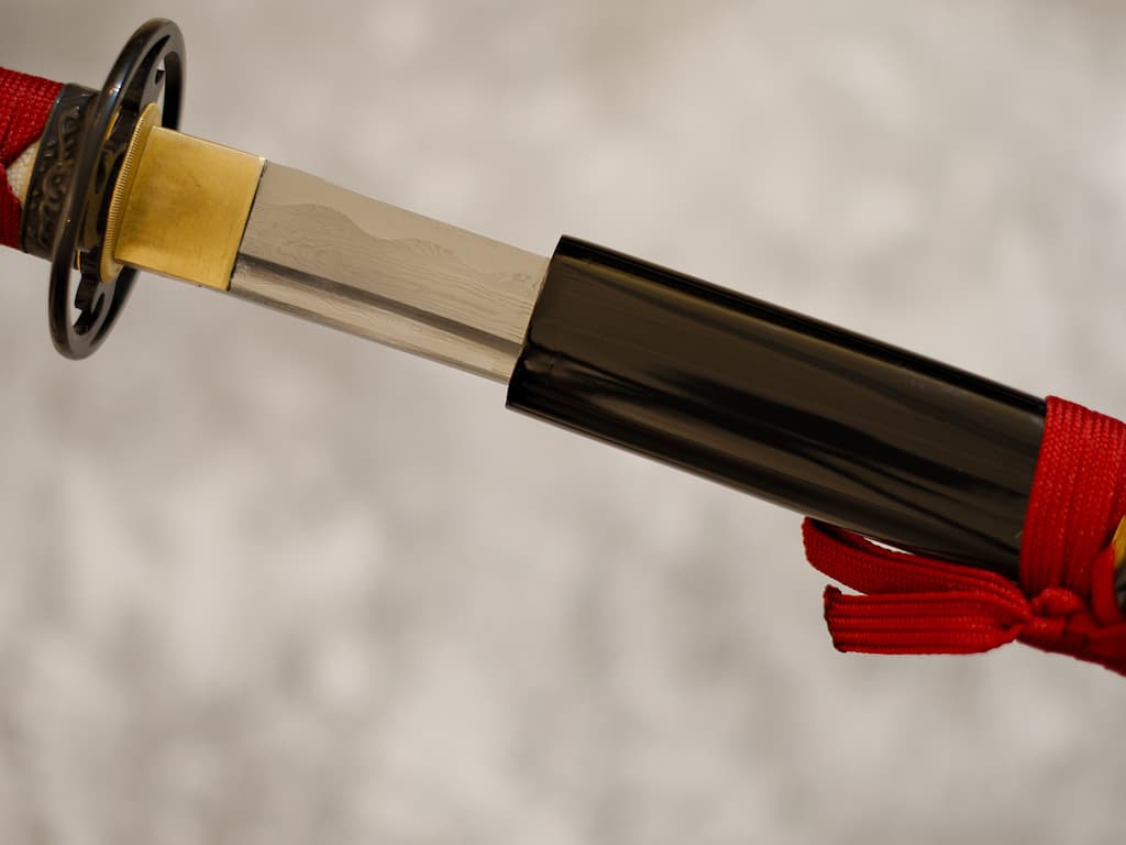 Katana sharpened forge Damascus "Ketsueki" (血液, blood), red braids #Terressens