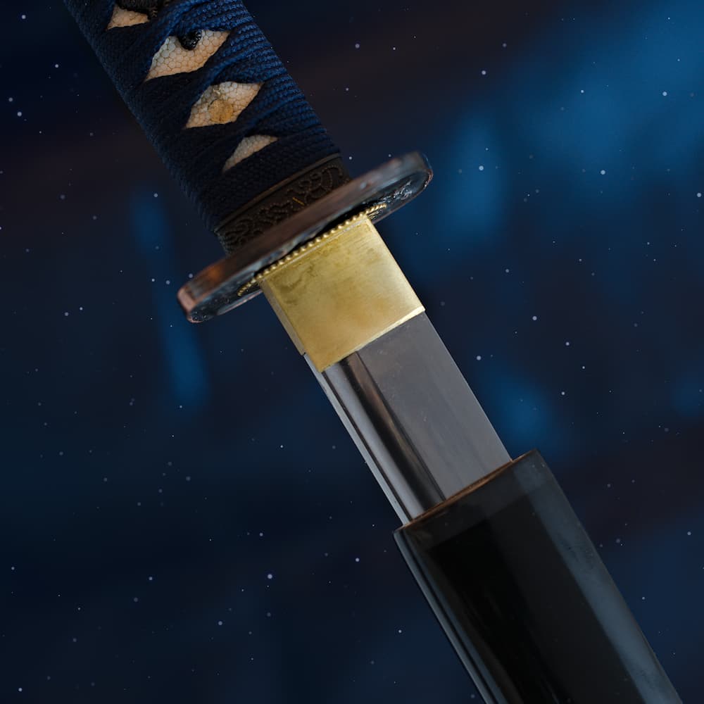Katana "Yain" (夜陰 in the shadow of night), Sushu Kitae, selective tempering, ito and dark blue sageo #Terressens Katana "Yain" (夜陰 in the shadow of night), Sushu Kitae, selective tempering, ito and dark blue sageo #Terressens