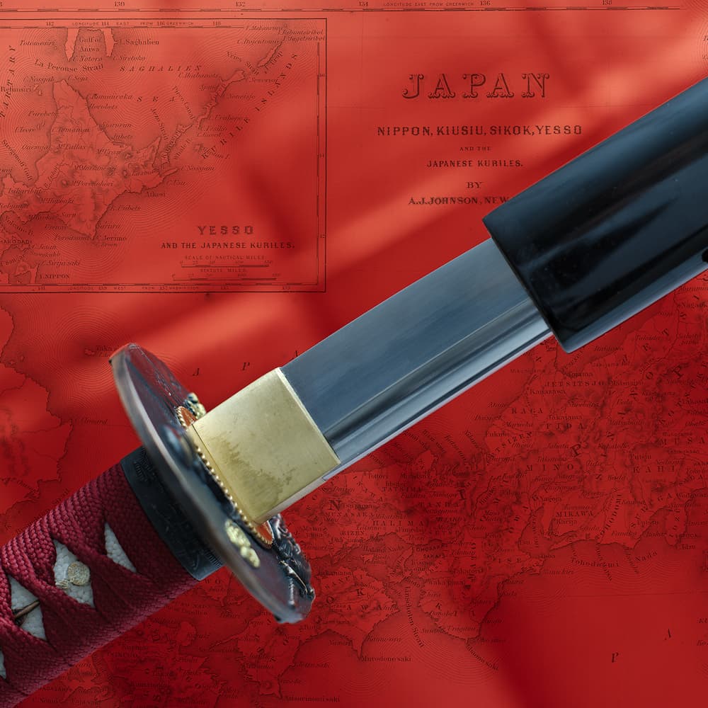 Katana "Musha shugyō" (武者修行), Shihozume forge, selective tempering, ito and dark red sageo #Terressens Katana "Musha shugyō" (武者修行), Shihozume forge, selective tempering, ito and dark red sageo #Terressens