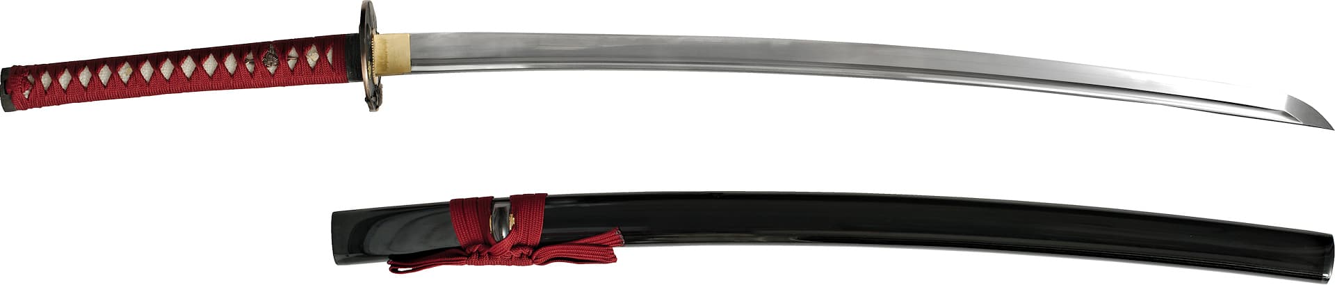 Katana "Musha shugyō" (武者修行), Shihozume forge, selective tempering, ito and dark red sageo #Terressens Katana "Musha shugyō" (武者修行), Shihozume forge, selective tempering, ito and dark red sageo #Terressens