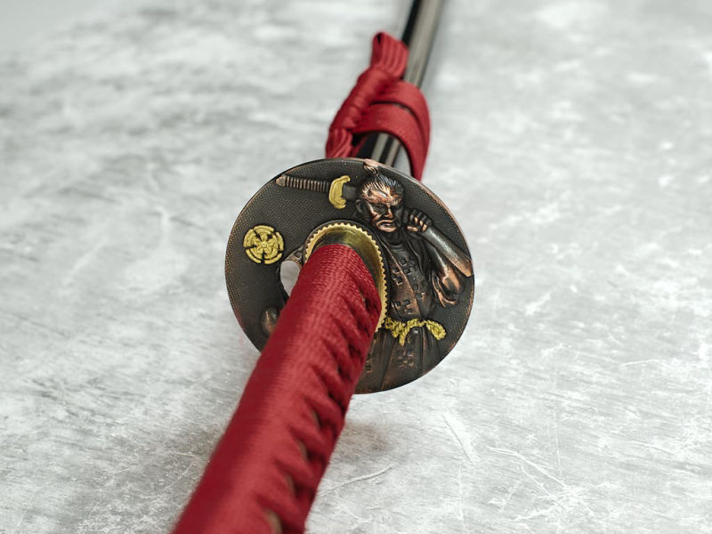 Katana "Musha shugyō" (武者修行), Shihozume forge, selective tempering, ito and dark red sageo #Terressens Katana "Musha shugyō" (武者修行), Shihozume forge, selective tempering, ito and dark red sageo #Terressens