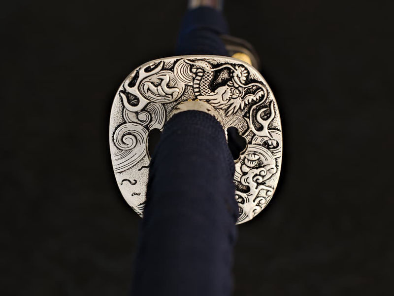 Sharpened Katana "Ryūjin" (龍神), God of the ocean, Dragon silkscreen on saya #Terressens