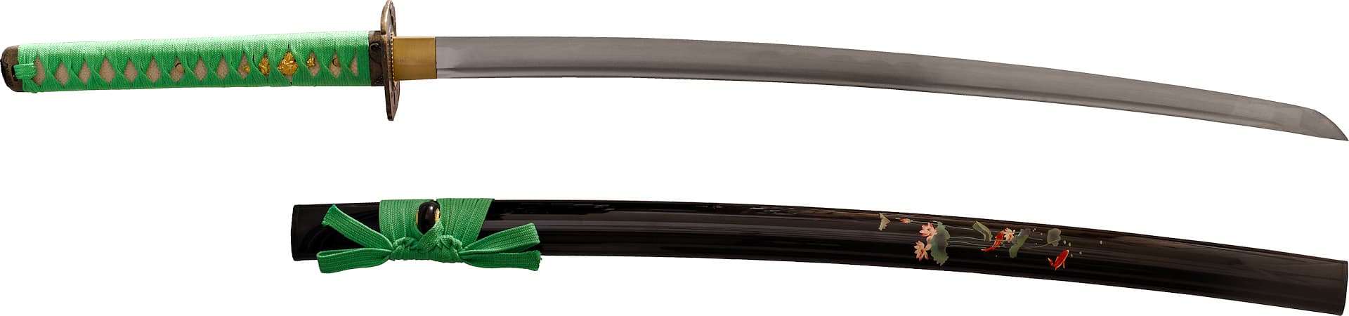 Sharpened Katana "Hasunohana" (蓮の花 sacred lotus), silkscreen on saya, light green ropes #Terressens