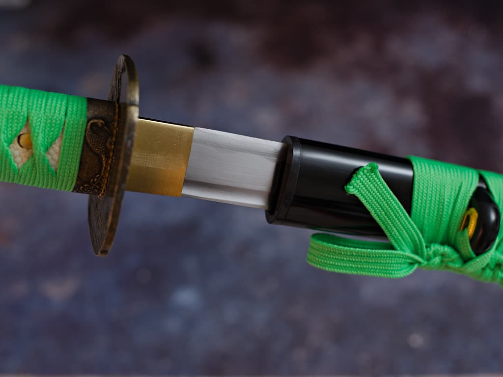 Sharpened Katana "Hasunohana" (蓮の花 sacred lotus), silkscreen on saya, light green ropes #Terressens