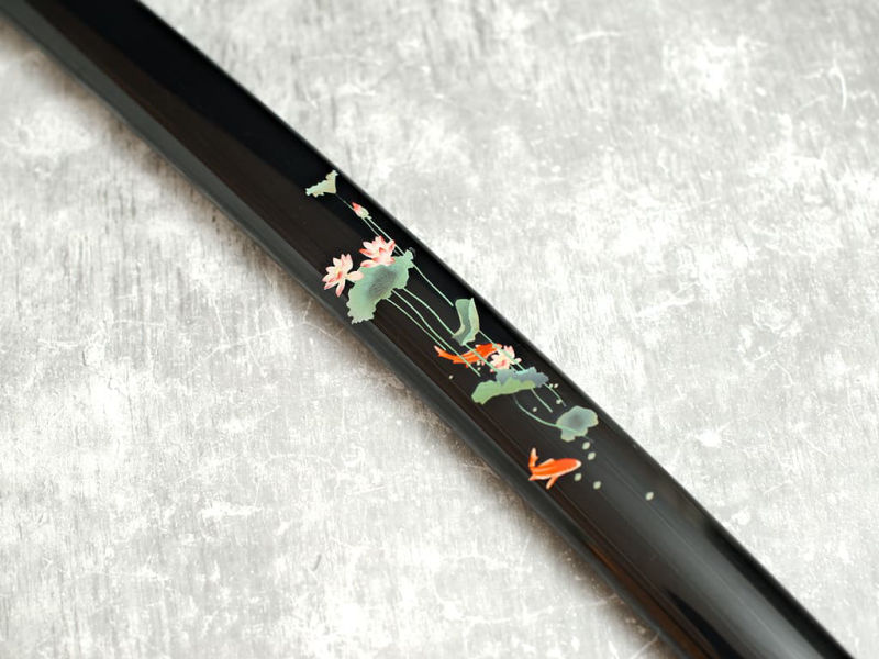 Sharpened Katana "Hasunohana" (蓮の花 sacred lotus), silkscreen on saya, light green ropes #Terressens