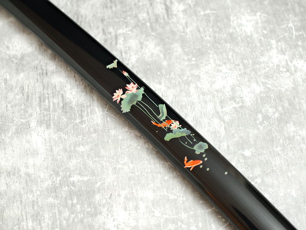 Sharpened Katana "Hasunohana" (蓮の花 sacred lotus), silkscreen on saya, light green ropes #Terressens