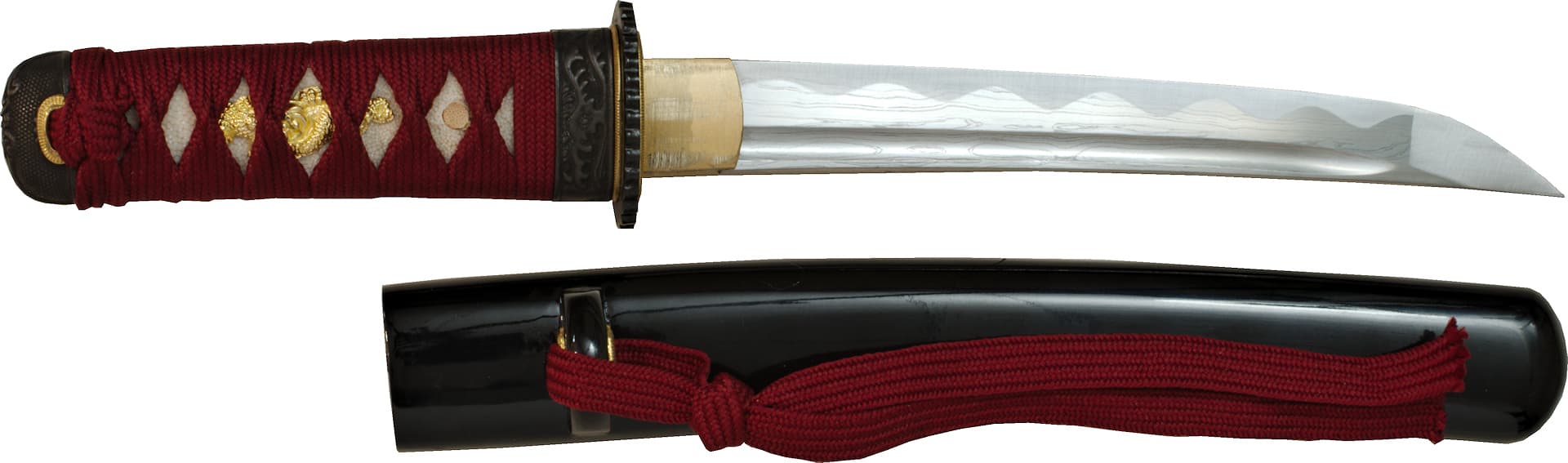 Tantō sharpened forge Damascus "Ketsueki" (血液, blood), red braids #Terressens Tantō sharpened forge Damascus "Ketsueki" (血液, blood), red braids #Terressens