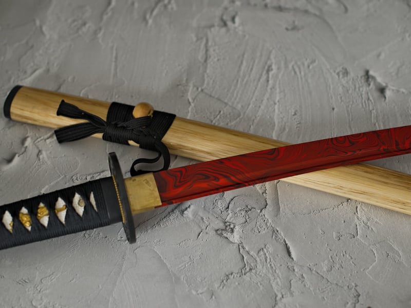 "Yougan" sharpened katana (溶岩 lava), red and black 1045 steel blade #Terressens "Yougan" sharpened katana (溶岩 lava), red and black 1045 steel blade #Terressens