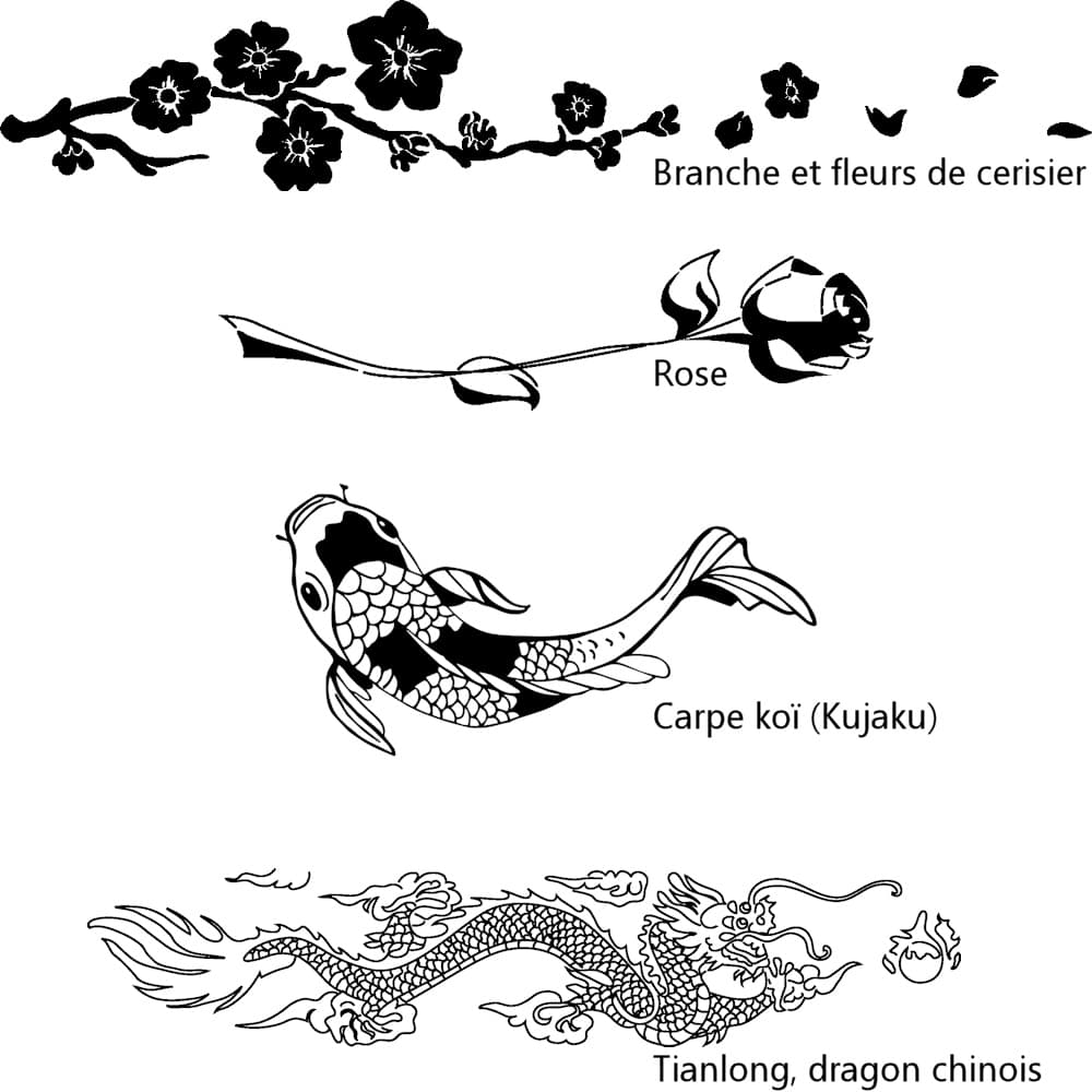 Examples of graphics to engrave on a katana blade: cherry branch, rose, koi carp and Tianlong (Chinese dragon) #Terressens