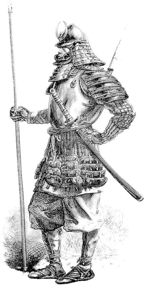 Engraving of a samurai carrying a katana and a Yari (槍 Japanese spear)