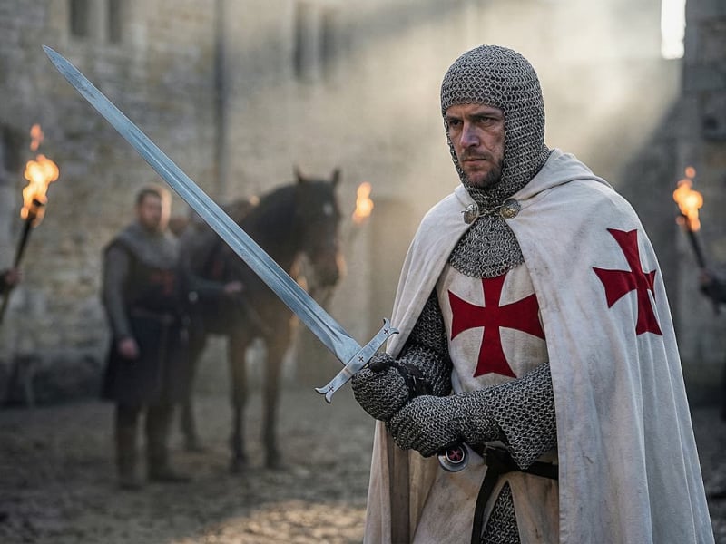 Decorative Templar sword on a rock with a moss background Templar sword wielded by a Templar knight