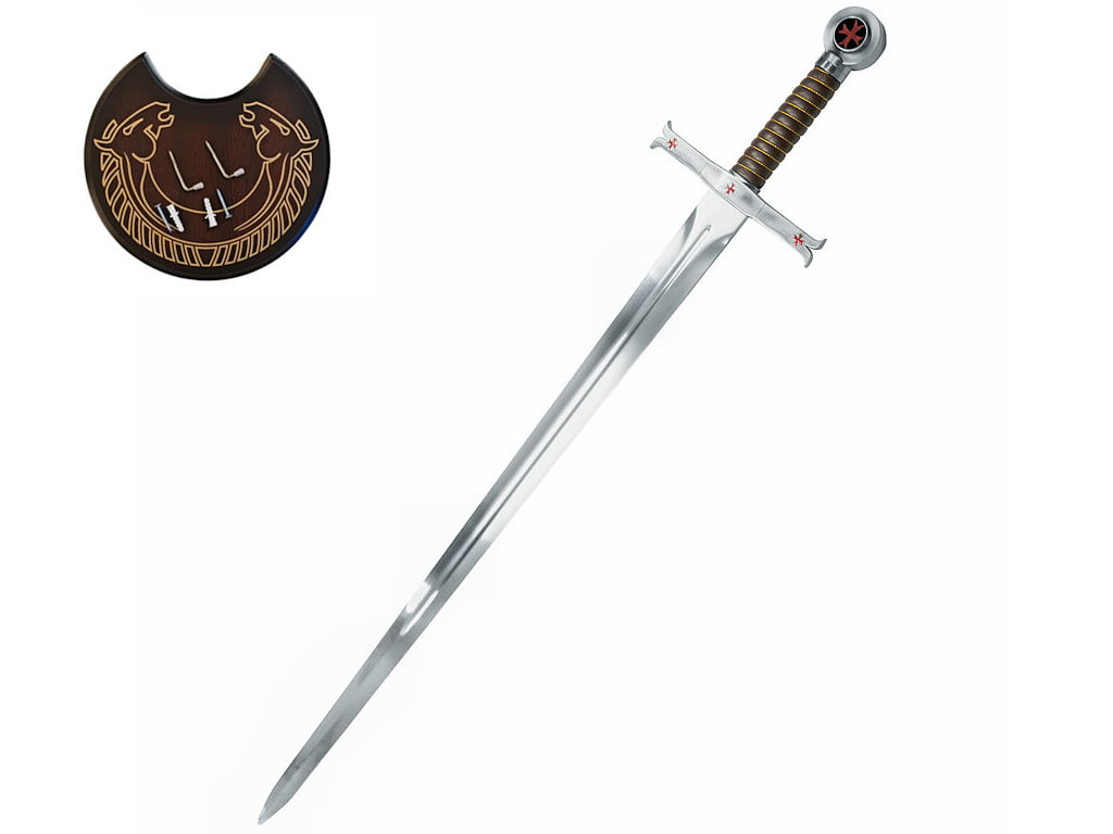 Decorative Templar sword with screen-printed reconstituted wood wall bracket Decorative Templar sword with screen-printed reconstituted wood wall bracket