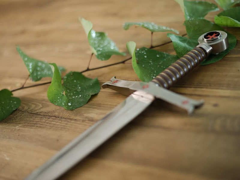 Decorative Templar sword set on a medieval wooden table, with a branch whose branches shelter dewdrops. Decorative Templar sword set on a medieval wooden table, with a branch whose branches shelter dewdrops.