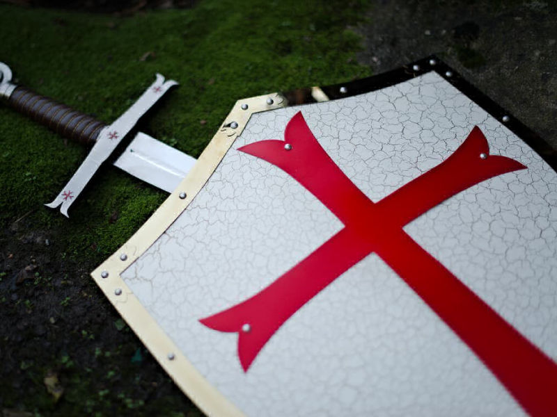 Templar shield with sword on rock and natural moss background Templar shield with sword on rock and natural moss background