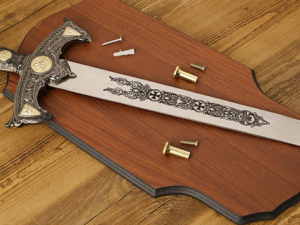 Decorative Templar sword with reconstituted wood wall bracket and mounting accessories