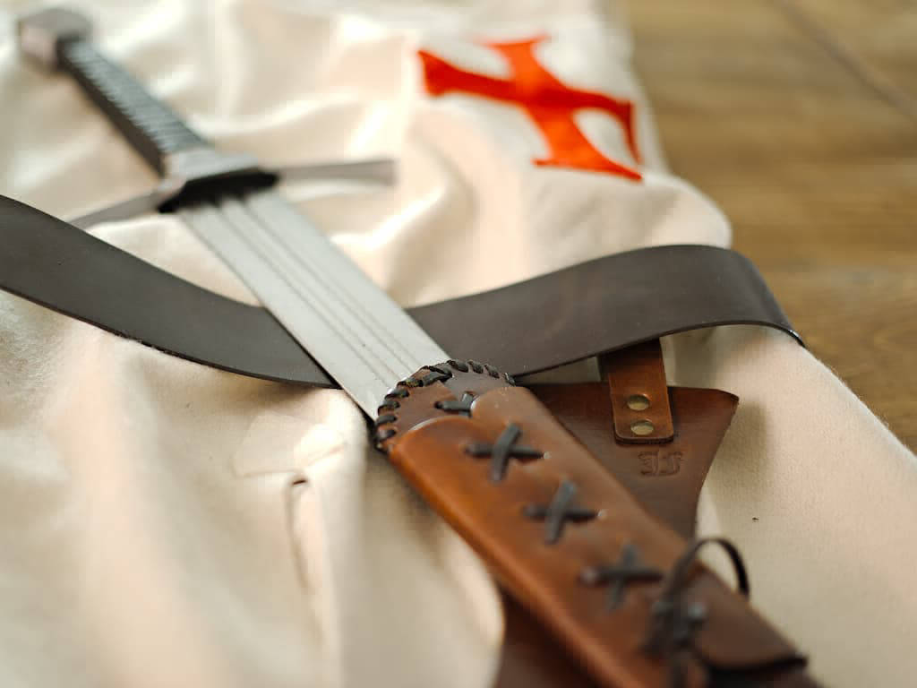 Templar tabard with fighting sword on a medieval wooden table Templar tabard with fighting sword on a medieval wooden table